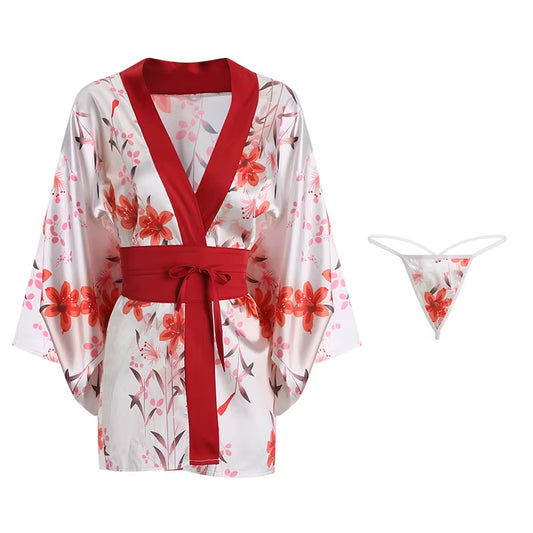 Japanese Kimono Sexy Cosplay Lady Sash Tied Robe Hot Nightwear Low-Cut Dress Women Sex Yukata Costume Pajamas Cute Lingerie Set