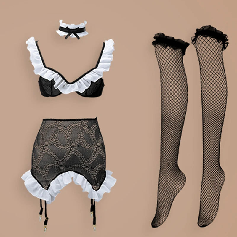 Lolita Bra and Panty Set with Garter Sexy Cosplay Costume Maid Uniform Ruffles Lace Lingerie Set Women Underwear Lenceria