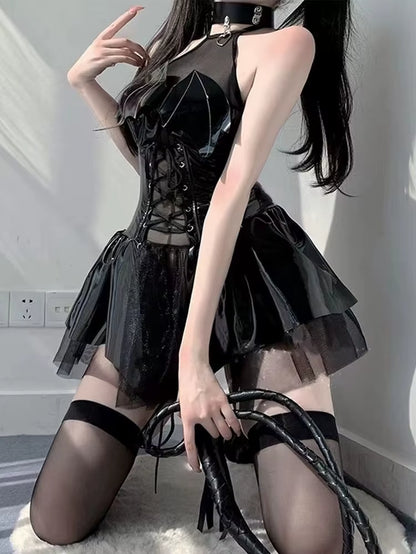 Sexy Cosplay Pu Dress Women Harajuku Streetwear Grunge Bandage Hollow Out Bats Dress Punk Y2K E-Girl Mall Gothic Clothes