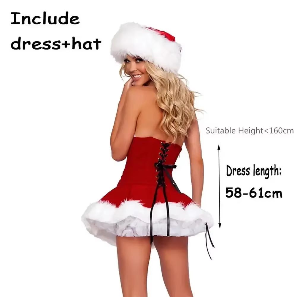 Women'S Christmas Dress Adult Makeup Role Play Xmas Santa Costume for Women Classic Cosplay Suits with Hat for Party Celebration