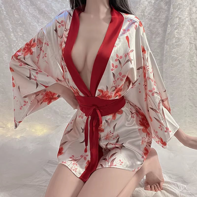 Japanese Kimono Sexy Cosplay Lady Sash Tied Robe Hot Nightwear Low-Cut Dress Women Sex Yukata Costume Pajamas Cute Lingerie Set