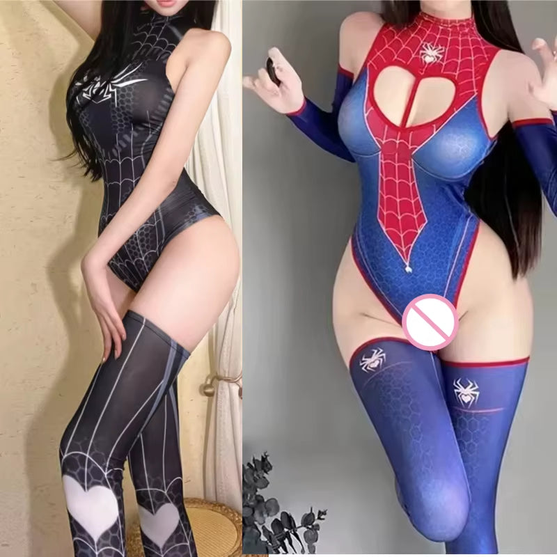 Sexy Lingerie Bodysuit Cosplay Costume Spider Woman Strapless Open Crotch Jumpsuit Blue Print Leotard Love Heart Sexy Lingerie