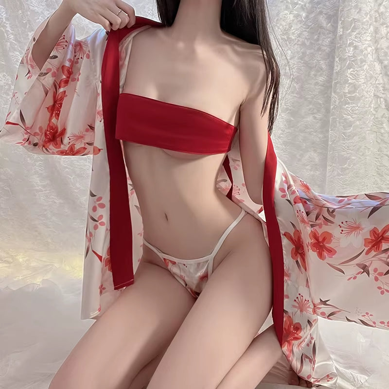 Japanese Kimono Sexy Cosplay Lady Sash Tied Robe Hot Nightwear Low-Cut Dress Women Sex Yukata Costume Pajamas Cute Lingerie Set