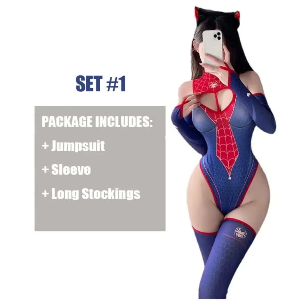Sexy Lingerie Bodysuit Cosplay Costume Spider Woman Strapless Open Crotch Jumpsuit Blue Print Leotard Love Heart Sexy Lingerie