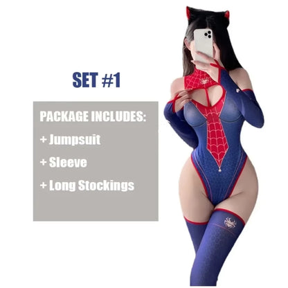 Sexy Lingerie Bodysuit Cosplay Costume Spider Woman Strapless Open Crotch Jumpsuit Blue Print Leotard Love Heart Sexy Lingerie