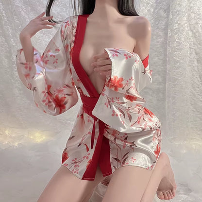 Japanese Kimono Sexy Cosplay Lady Sash Tied Robe Hot Nightwear Low-Cut Dress Women Sex Yukata Costume Pajamas Cute Lingerie Set