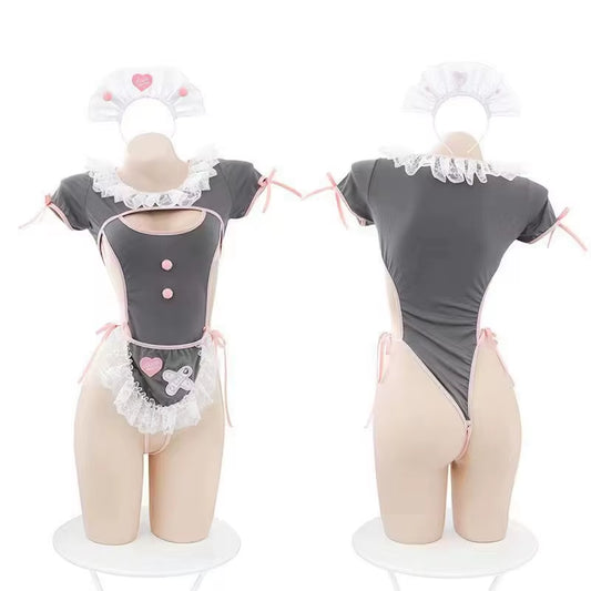 Maid Role Play Sexy Lingerie Servant Cosplay Costume Crotchless Bodysuit French Apron Jumpsuit Porn Outfit Eye Blinder Stocking