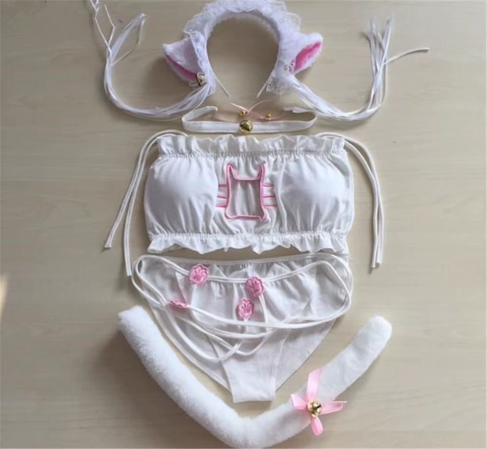 Maid Cat Cosplay Sexy Lingerie Anime Ruffle Hollow Kawaii Bra Strappy Briefs Set Neko Embroidery Footprints Ear/Choker C353