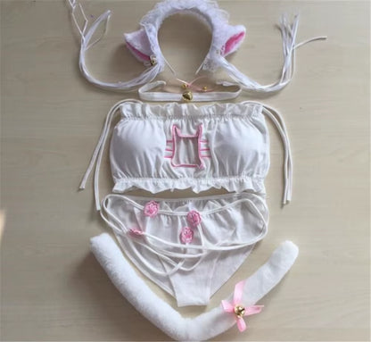 Maid Cat Cosplay Sexy Lingerie Anime Ruffle Hollow Kawaii Bra Strappy Briefs Set Neko Embroidery Footprints Ear/Choker C353