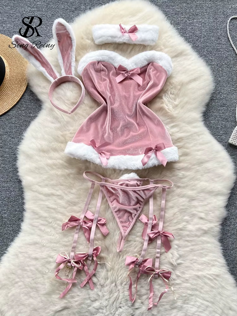 SINGREINY Cosplay Rabbit Maid Sexy Nightwear Halter Splice Fur Bow Lingerie Combination Christmas Erotic Porno Underwear Sets