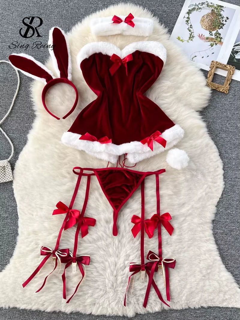SINGREINY Cosplay Rabbit Maid Sexy Nightwear Halter Splice Fur Bow Lingerie Combination Christmas Erotic Porno Underwear Sets