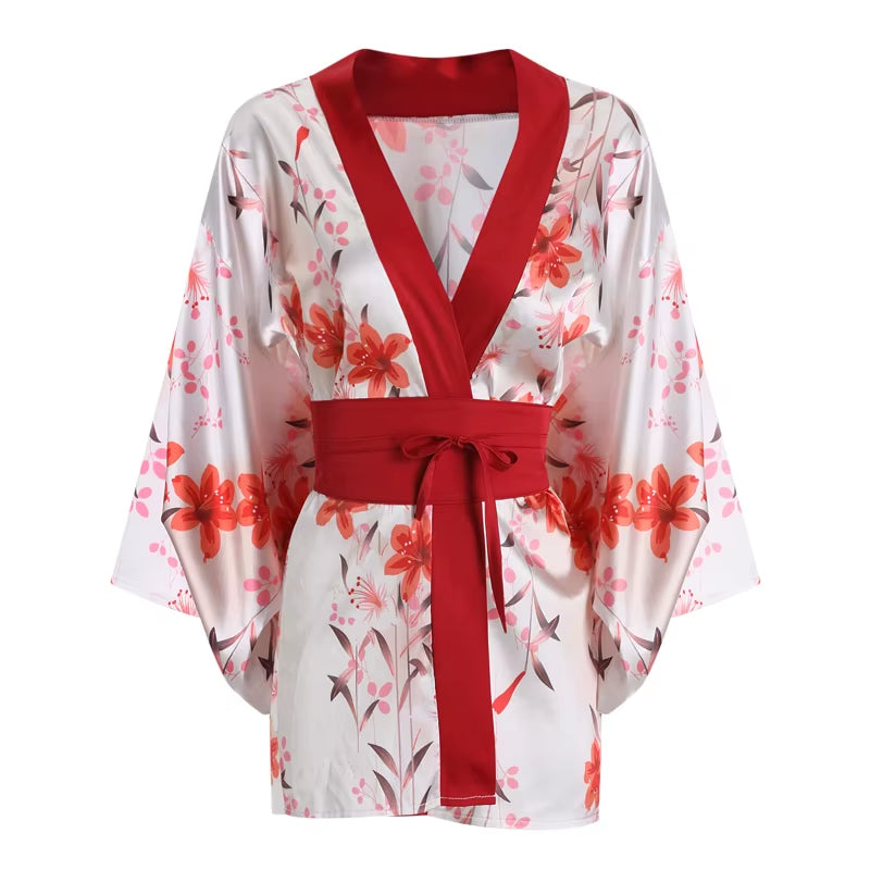 Japanese Kimono Sexy Cosplay Lady Sash Tied Robe Hot Nightwear Low-Cut Dress Women Sex Yukata Costume Pajamas Cute Lingerie Set