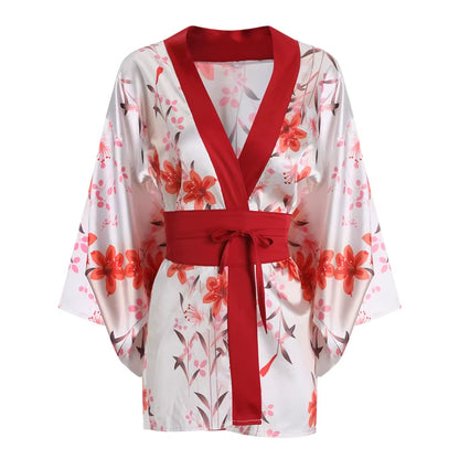 Japanese Kimono Sexy Cosplay Lady Sash Tied Robe Hot Nightwear Low-Cut Dress Women Sex Yukata Costume Pajamas Cute Lingerie Set