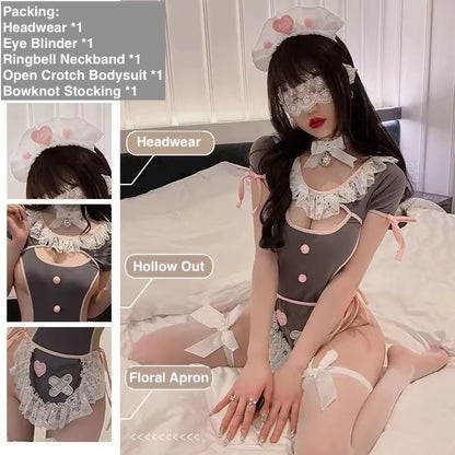 Maid Role Play Sexy Lingerie Servant Cosplay Costume Crotchless Bodysuit French Apron Jumpsuit Porn Outfit Eye Blinder Stocking