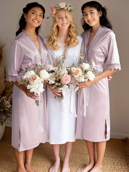 Silk Robes for Women, Short Bridesmaid Robes for Bridal Wedding Party, Bride Satin Bathrobe with Long Sleeve