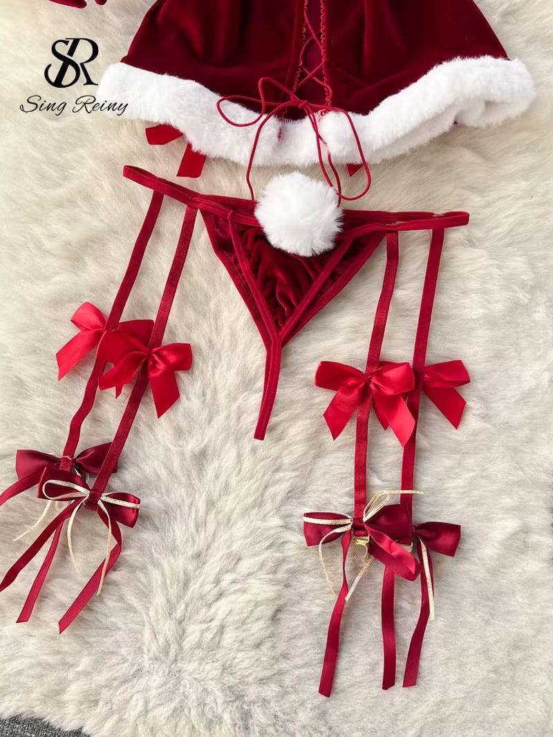 SINGREINY Cosplay Rabbit Maid Sexy Nightwear Halter Splice Fur Bow Lingerie Combination Christmas Erotic Porno Underwear Sets