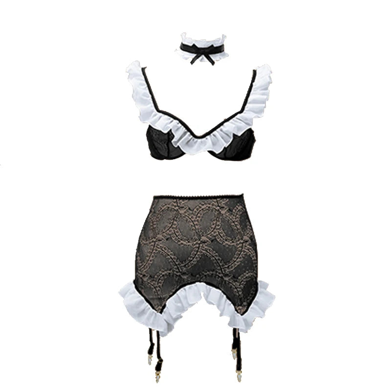Lolita Bra and Panty Set with Garter Sexy Cosplay Costume Maid Uniform Ruffles Lace Lingerie Set Women Underwear Lenceria