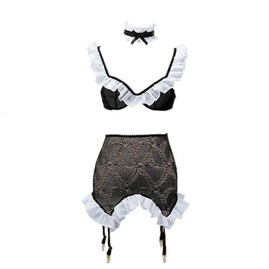 Lolita Bra and Panty Set with Garter Sexy Cosplay Costume Maid Uniform Ruffles Lace Lingerie Set Women Underwear Lenceria