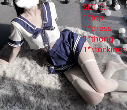 Plus Size XL Women Sexy Cosplay Lingerie Student Uniform Set Ladies Sexy Costume Babydoll Dress Women Lace Miniskirt Outfit HOT