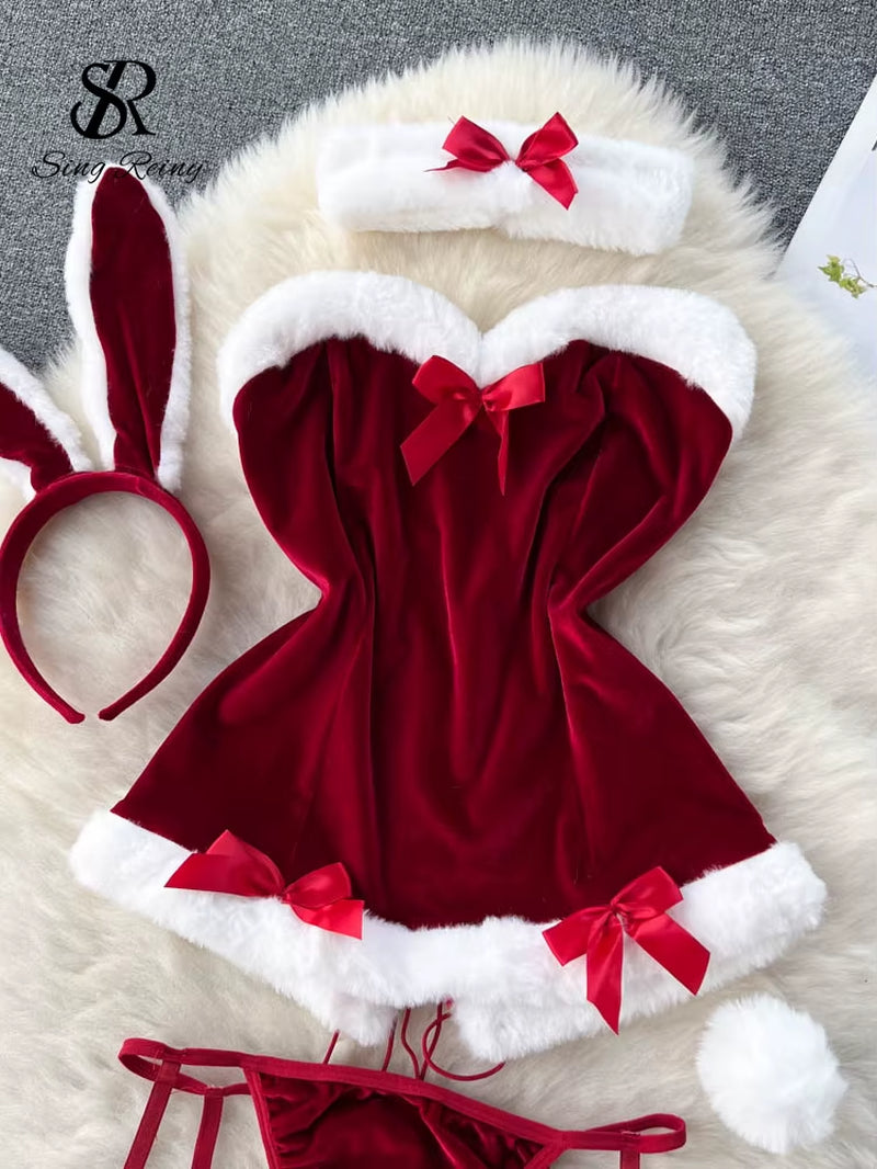 SINGREINY Cosplay Rabbit Maid Sexy Nightwear Halter Splice Fur Bow Lingerie Combination Christmas Erotic Porno Underwear Sets