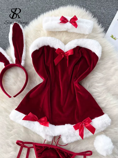 SINGREINY Cosplay Rabbit Maid Sexy Nightwear Halter Splice Fur Bow Lingerie Combination Christmas Erotic Porno Underwear Sets
