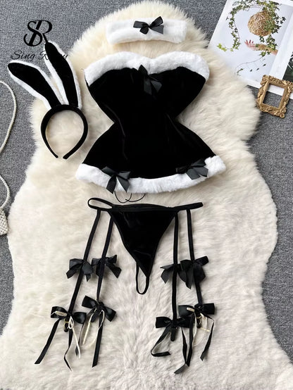 SINGREINY Cosplay Rabbit Maid Sexy Nightwear Halter Splice Fur Bow Lingerie Combination Christmas Erotic Porno Underwear Sets