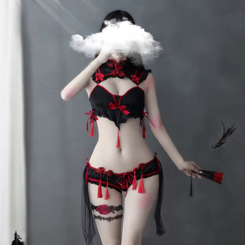 Sexy Cosplay Traditional Dress for Women Gothic Punk Little Devil Bra Set Black Red Cheongsams Party Fashion Solid Color Satin V