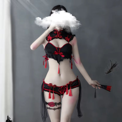 Sexy Cosplay Traditional Dress for Women Gothic Punk Little Devil Bra Set Black Red Cheongsams Party Fashion Solid Color Satin V