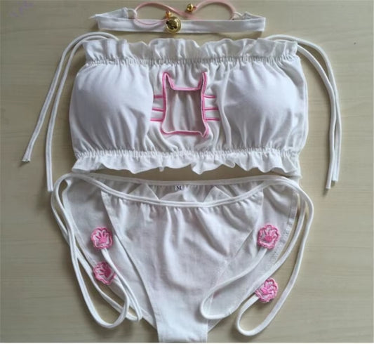 Maid Cat Cosplay Sexy Lingerie Anime Ruffle Hollow Kawaii Bra Strappy Briefs Set Neko Embroidery Footprints Ear/Choker C353