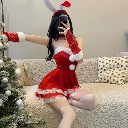 Christmas Red Woman Dress Sweet Bunny Girl Costume Rabbit Woman Set Bunny Suit Sexy Lingeries Lady Cosplay New Year Maid Uniform