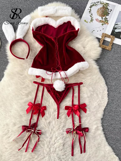 SINGREINY Cosplay Rabbit Maid Sexy Nightwear Halter Splice Fur Bow Lingerie Combination Christmas Erotic Porno Underwear Sets
