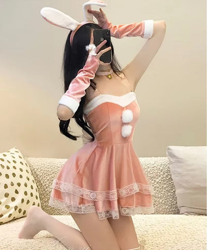 Christmas Red Woman Dress Sweet Bunny Girl Costume Rabbit Woman Set Bunny Suit Sexy Lingeries Lady Cosplay New Year Maid Uniform