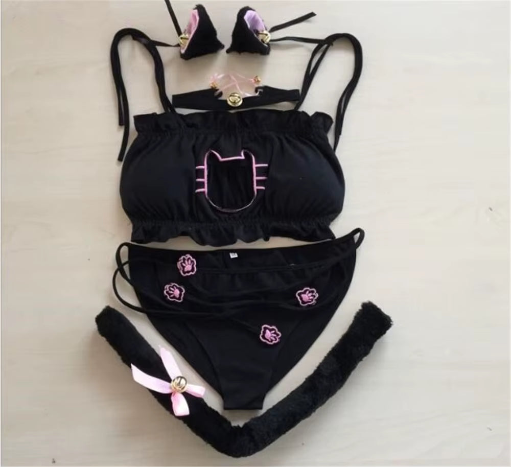 Maid Cat Cosplay Sexy Lingerie Anime Ruffle Hollow Kawaii Bra Strappy Briefs Set Neko Embroidery Footprints Ear/Choker C353
