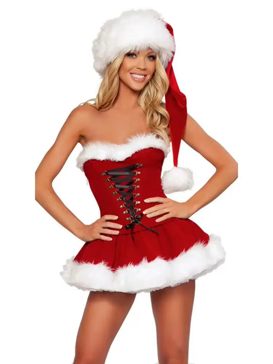 Women'S Christmas Dress Adult Makeup Role Play Xmas Santa Costume for Women Classic Cosplay Suits with Hat for Party Celebration